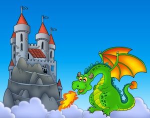 Green dragon with castle on hill – color illustration.
