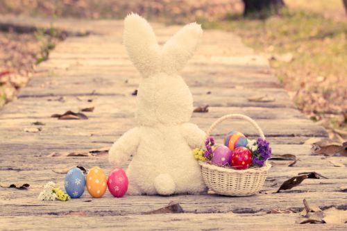 Colorful easter eggs in basket with cute rabbit on wooden pathway in vintage style