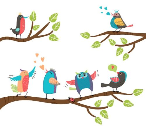 Set of cute colorful cartoon birds perched on branches with a blackbird  lovebird  owl  thrush  robin singing and tweeting with two involved in a courtship display